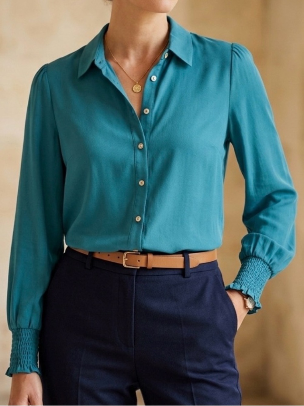 Rose & Olive turquoise Button Down Blouse long sleeve